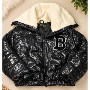 Helium London Shiny Black Puffer Jacket Cropped L Big Fleece Collar Streetwear